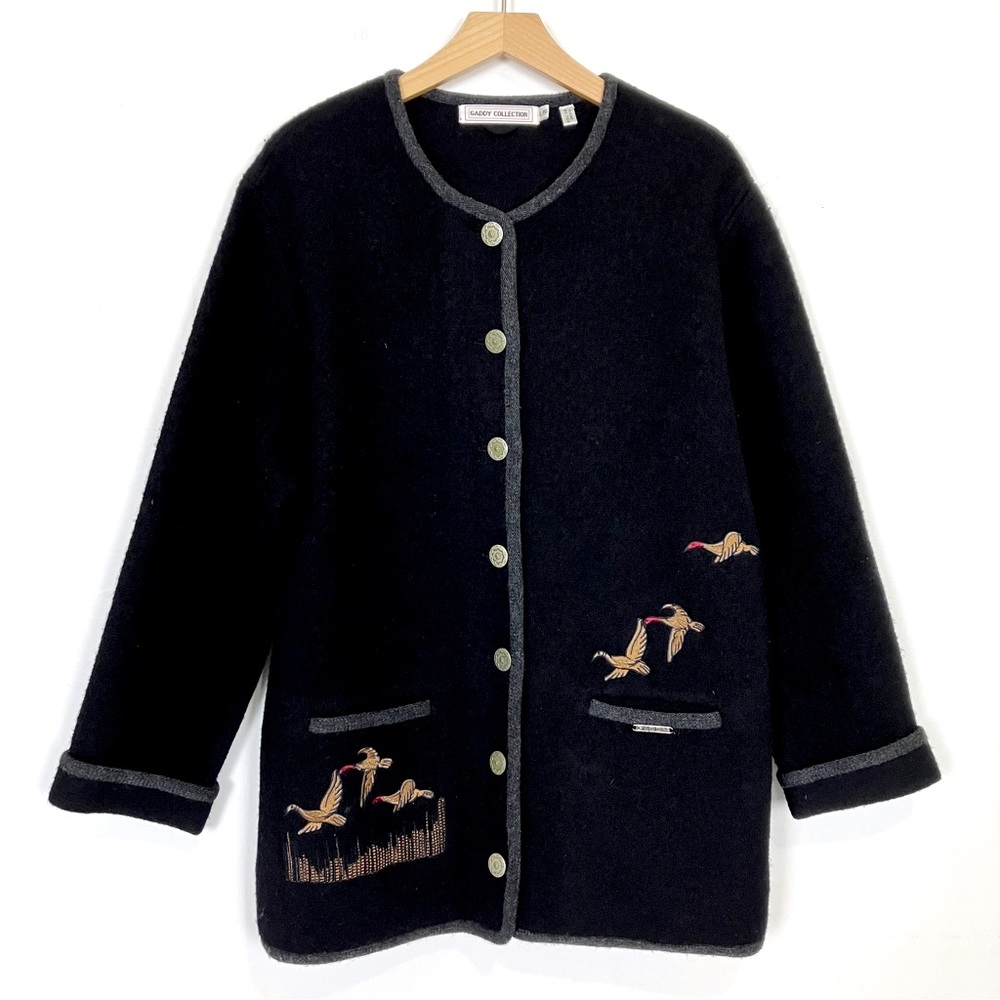 Vintage black wool cardigan shacket cottagecore coastal grandma embroidered
